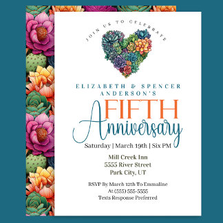 Pretty Cactus Heart 5th Wedding Anniversary Invitation