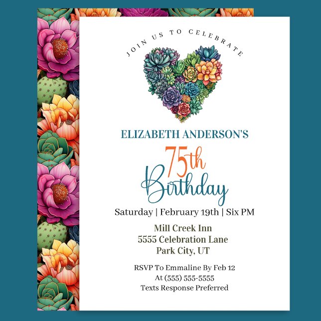 Pretty Cactus Heart 75th Birthday Invitation (Creator Uploaded)