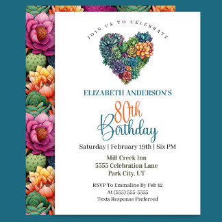 Pretty Cactus Heart 80th Birthday Invitation
