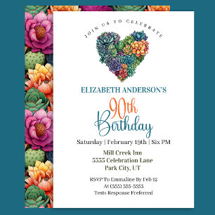 Pretty Cactus Heart 90th Birthday Invitation