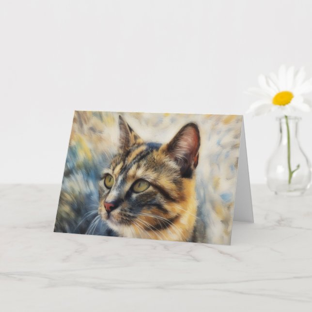 Pretty Calico Cat Face Art Note Card (Small Plant)