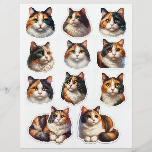 Pretty Calico Cat Illustrations Fussy Cuts (Front)