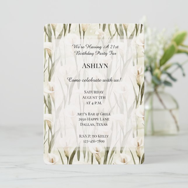 Pretty Calla Lilly Green White Floral Birthday Invitation (Standing Front)