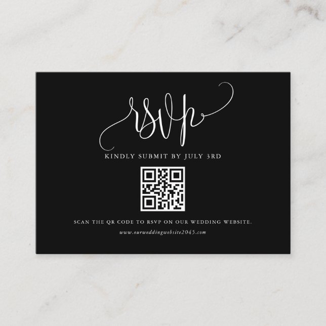 Pretty Calligraphy Script Black QR Code RSVP Enclosure Card (Front)