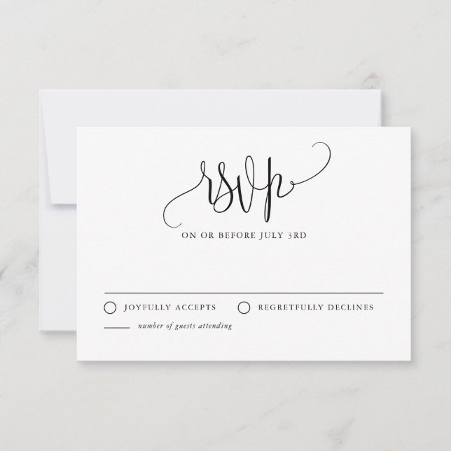 Pretty Calligraphy Script Black Wedding RSVP Card (Front)