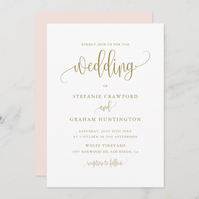 Pretty Calligraphy Script Gold Wedding Invitation (Front/Back)