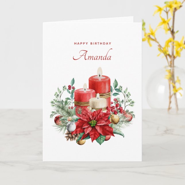 Pretty Candles and Poinsettia Bouquet Birthday Card (Yellow Flower)