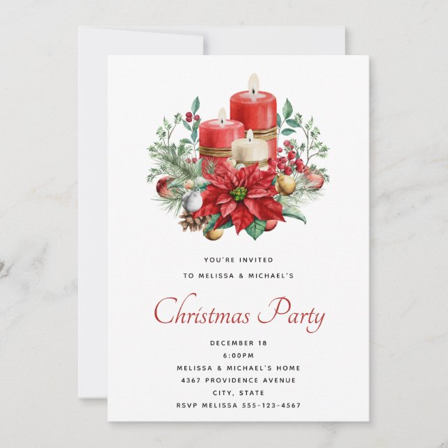 Pretty Candles and Poinsettia Bouquet Christmas Invitation (Front)