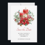 Pretty Candles and Poinsettia Bouquet Christmas Save The Date<br><div class="desc">Save the date card with a pretty bouquet made with watercolors. Red candles with gold accents and a smaller white candle too. Surrounded by a pine bouquet with a poinsettia flower.</div>