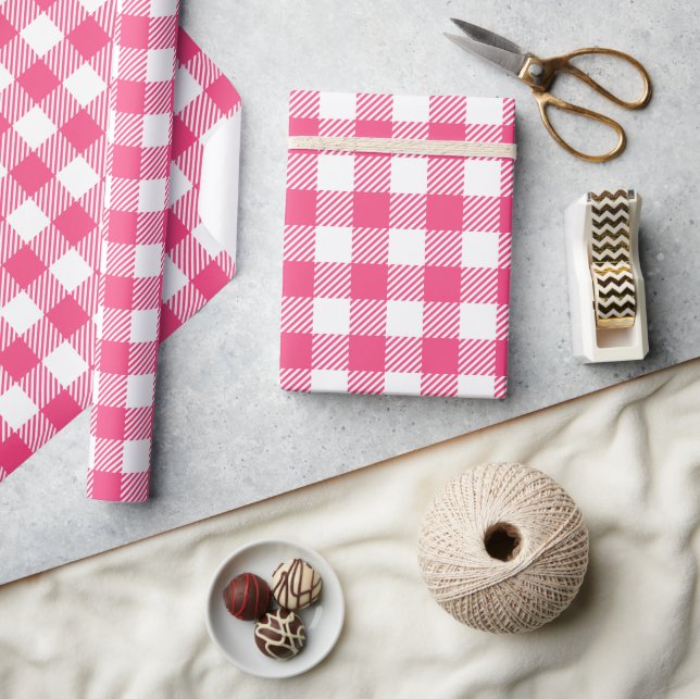 Pretty Candy Pink And White Buffalo Plaid  Wrapping Paper (Crafts)