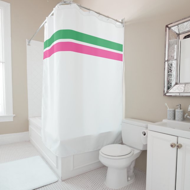 Pretty Candy Pink Green Racing Stripes On White Shower Curtain (In Situ)