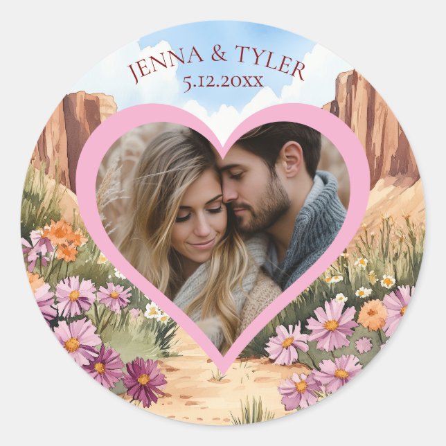 Pretty Canyon Themed Wedding Photo Template Classic Round Sticker (Front)