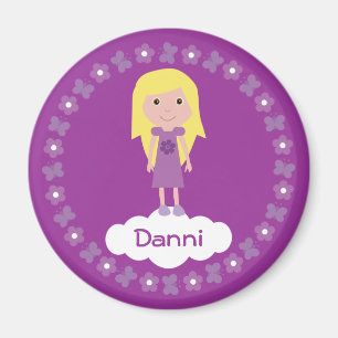 Pretty Cartoon Girl & Flowers Purple Custom Magnet