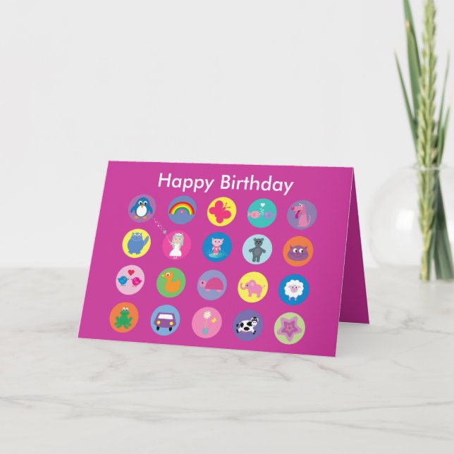 Pretty cartoon icons for girls pink Birthday card (Front)