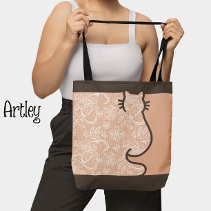 Pretty Cat Brown and Pink Floral Lace Cut Out Tote Bag