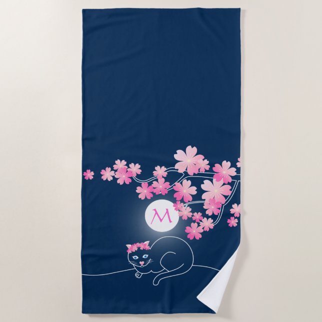Pretty Cat Cherry Blossoms Blue Night Pink Sakura Beach Towel (Front)