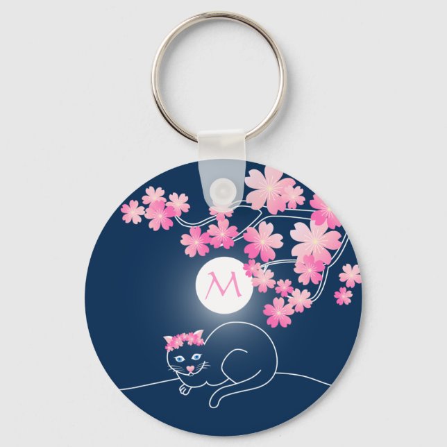 Pretty Cat Cherry Blossoms Moon Pink Sakura Blue Key Ring (Front)