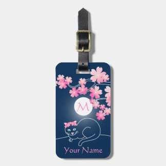 Pretty Cat Cherry Blossoms Moon Pink Sakura Blue Luggage Tag