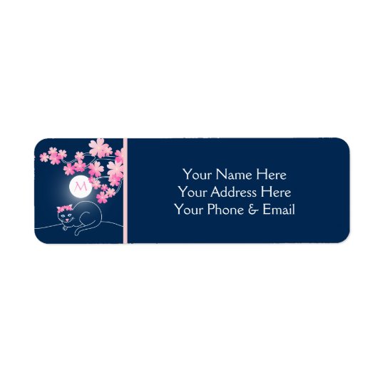 Pretty Cat Cherry Blossoms Moon Pink Sakura Blue Return Address Label