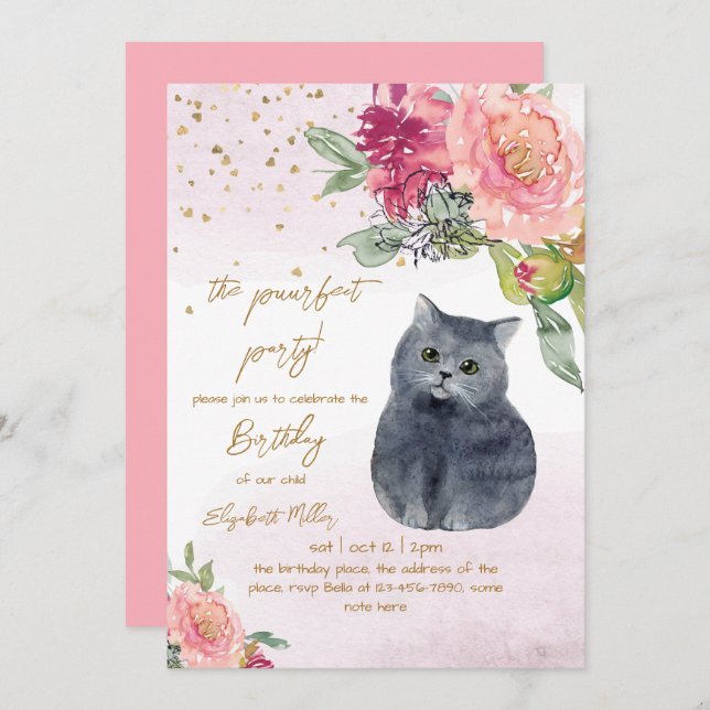 Pretty Cat Perfect Pawty (Party) Girl 2nd Birthday Invitation (Front/Back)