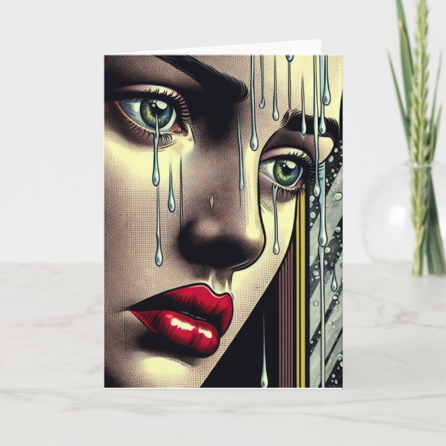 Pretty Caucasian Woman Crying in the Rain Card (Front)