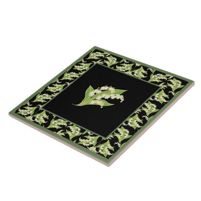 Pretty Ceramic Tile: Lilies of the Valley, Black Tile (Side)