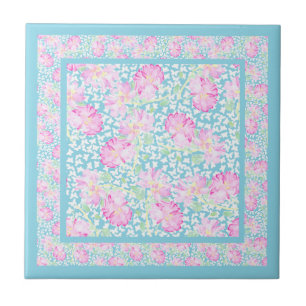 Pretty Ceramic Tile, Pink Roses, White Butterflies Tile
