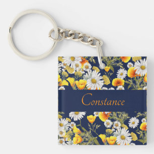 Pretty Chamomile & Poppies Pattern Personalised  Key Ring