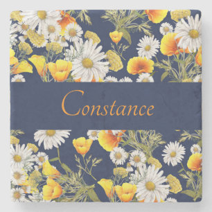 Pretty Chamomile & Poppies Pattern Personalised  Stone Coaster