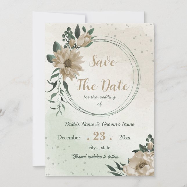 Pretty champagne flowers greenery save the date (Front)