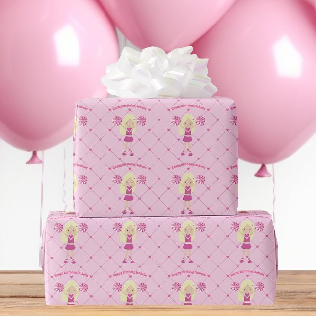 Pretty Cheerleading Girl Custom Pink Birthday Wrapping Paper (Creator Uploaded)