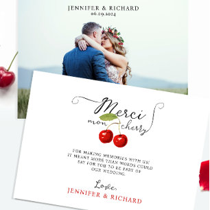 Pretty Cherries Red White Rustic Wedding Photo Thank You Card