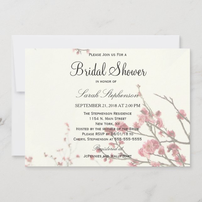 Pretty Cherry Blossom Trees on Elegant White Invitation (Front)