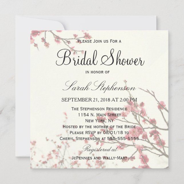 Pretty Cherry Blossom Trees on Elegant White Invitation (Front)