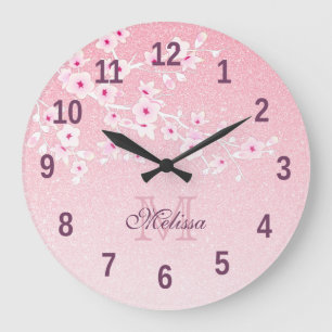 Pretty Cherry Blossoms Pink Glitter Monogram  Larg Large Clock