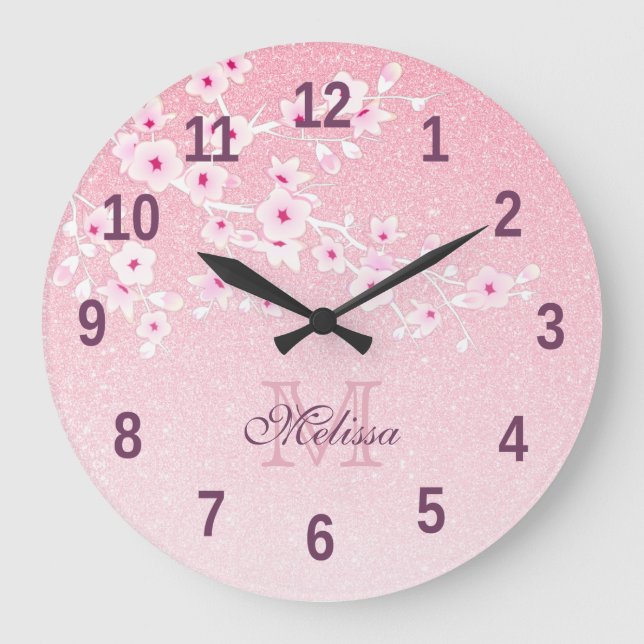 Pretty Cherry Blossoms Pink Glitter Monogram  Larg Large Clock (Front)