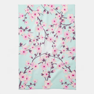 Pretty Cherry Blossoms Pink Turquoise Tea Towel