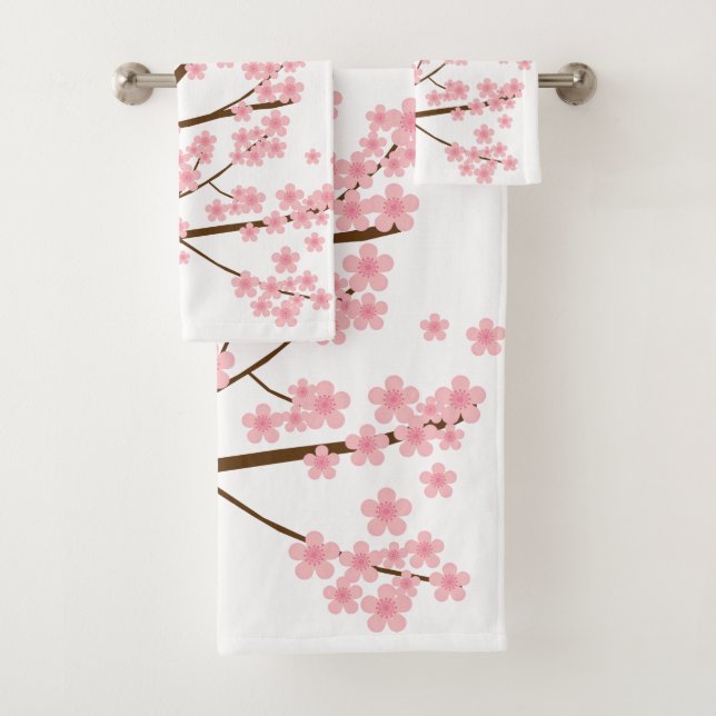 Pretty Cherry Blossoms Sakura Tree Pink Flowers Bath Towel Set (Insitu)