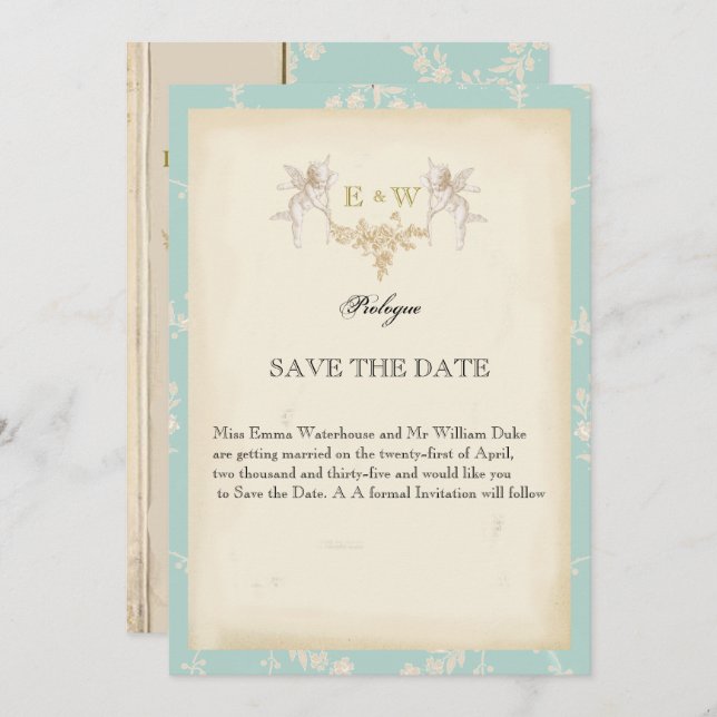 Pretty cherub book themed pale blue Wedding  Save The Date (Front/Back)
