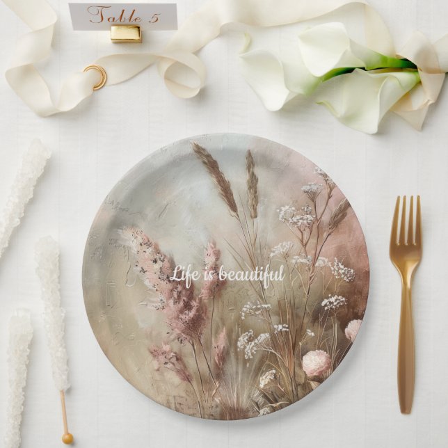 Pretty Chic Beige Blush Boho Floral Bridal Shower Paper Plate (Wedding)