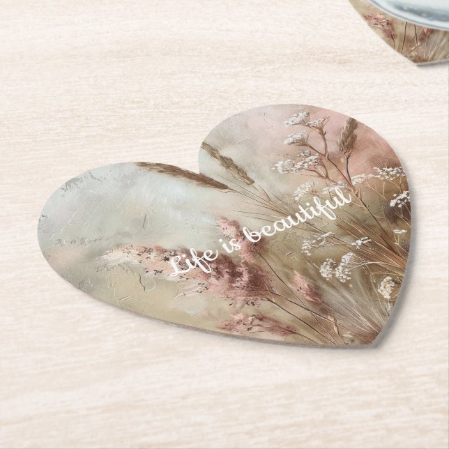 Pretty Chic Beige Blush Boho Floral  Paper Coaster (Angled)