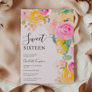 Pretty chic garden floral watercolor Sweet 16 Invitation