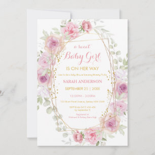 Pretty Chic Gold Glitter Pink Floral Baby Girl Inv Invitation