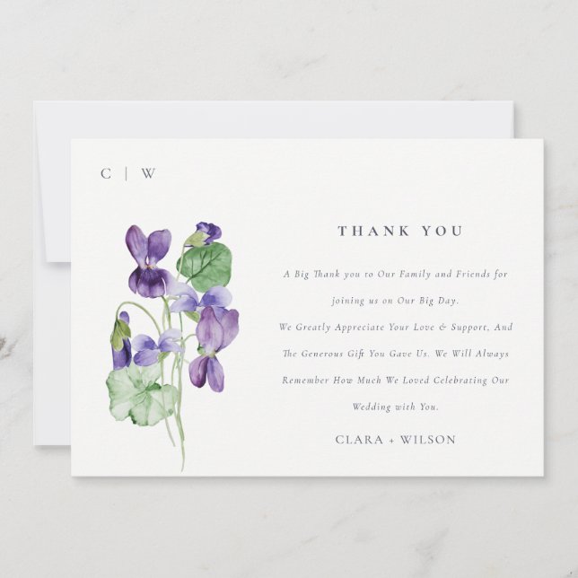 Pretty Chic Monogram Violet Floral Bunch Wedding Thank You Card (Front)