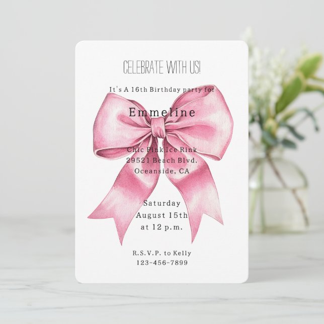 Pretty Chic Pink Bow Birthday Invitation (Standing Front)