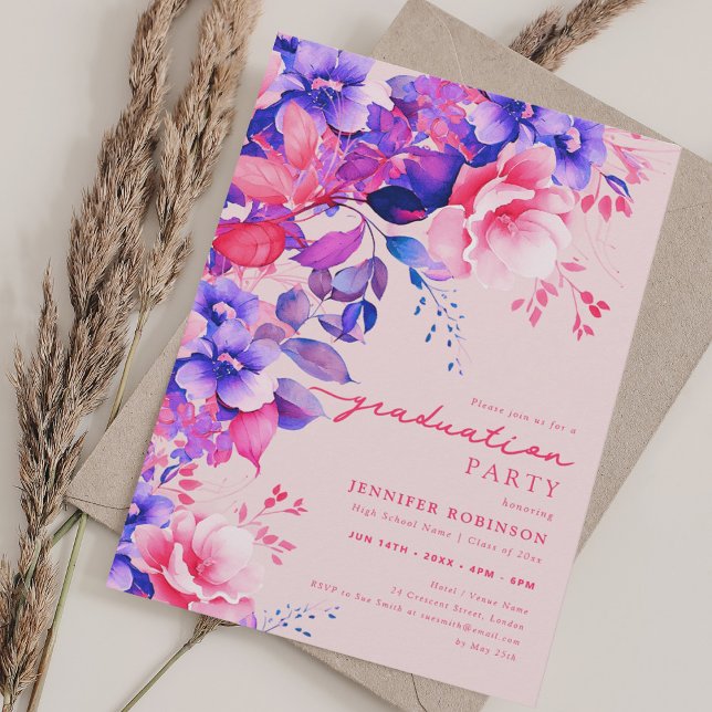 Pretty Chic Purple Garden Floral Graduation Blush  Invitation (Pretty Chic Purple Garden Floral Graduation Blush Invitation)