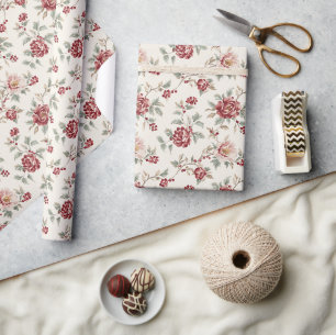 Pretty Chic Red Cream Floral Birthday Wrapping Paper
