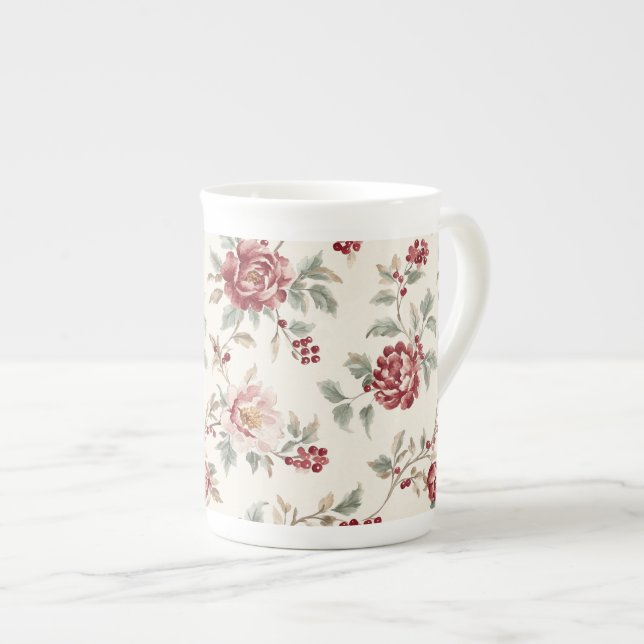 Pretty Chic Red Cream Floral   Bone China Mug (Front Right)