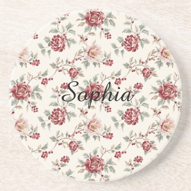 Pretty Chic Red Cream Floral   Coaster (Front)