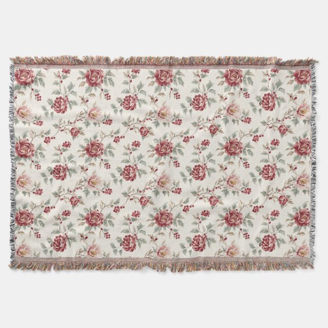 Pretty Chic Red Cream Floral  Throw Blanket (Front)